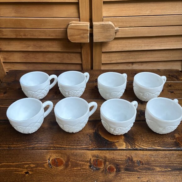 Vintage Milk Glass Cups - Set of 8 Embossed White Pressed Glass Mugs - Picture 1 of 5